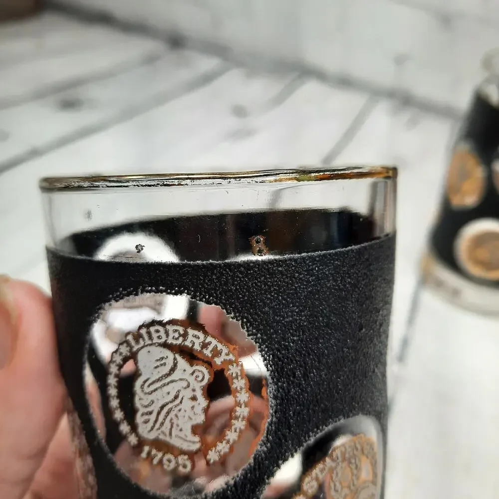 LIBBEY Coin Textured Highball Glasses Black & Gold Vintage Set of 4 Tumblers